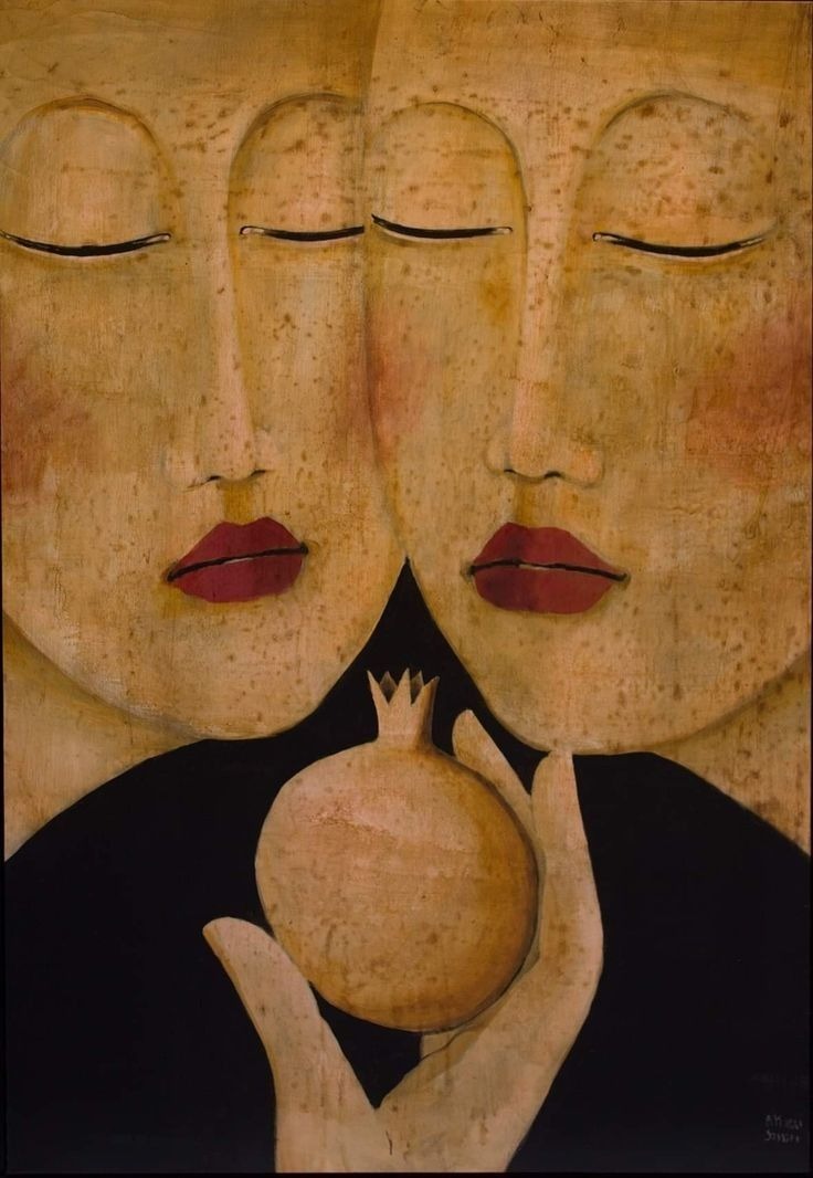Pintura de duas figuras com olhos fechados segurando uma esfera